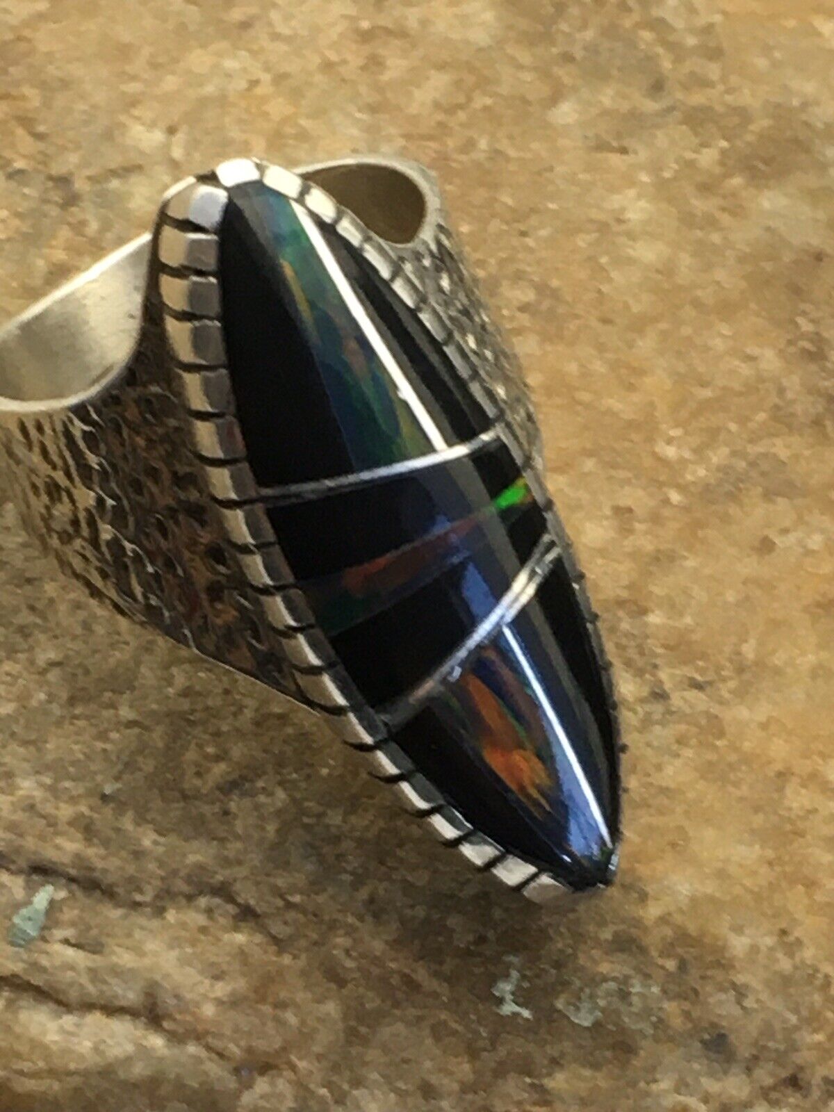 Navajo Multi-Color Opal & Turquoise Inlay Ring | Sterling Silver | Sz 8 | Authentic Native American Handmade | 01613