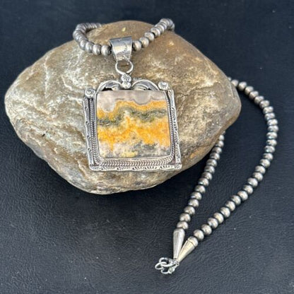 Navajo Bumblebee Jasper Pendant Necklace | Canary Yellow | Sterling Silver | Authentic Native American Handmade | 14249