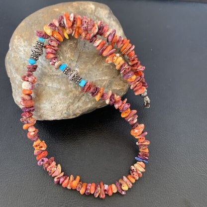 Navajo Spiny Oyster & Turquoise Necklace | Sterling Silver | 16" | Authentic Native American Handmade | 10693