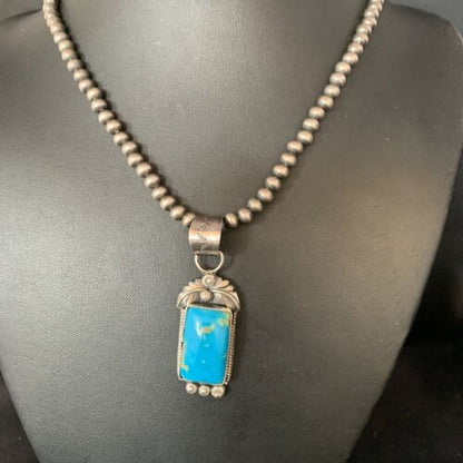 Men's Blue Kingman Turquoise Necklace Pendant | Sterling Silver Navajo Pearls | 13762