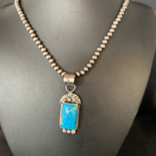 Men's Blue Kingman Turquoise Necklace Pendant | Sterling Silver Navajo Pearls | 13762