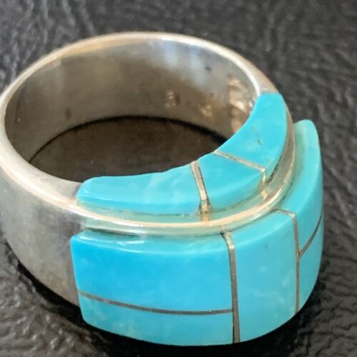 Navajo Blue Turquoise Inlay Band Ring | Sz 8 | Authentic Native American Handmade | 14164