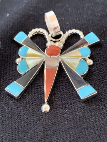 Zuni Turquoise Spiny Oyster Mother of Pearl Butterfly Necklace Pin Pendant | Inlay | Sterling Silver | 1367
