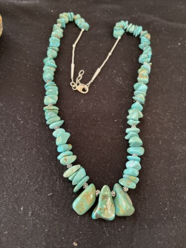 Navajo Blue Turquoise Nugget Beads Necklace | Sterling Silver | Authentic Native American Handmade | 22" | 01345