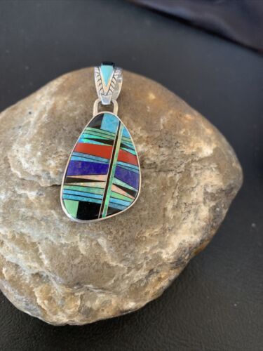 Navajo Multi-Color Turquoise Coral Opal Inlay Pendant | Sterling Silver | Native American Handmade | 12492