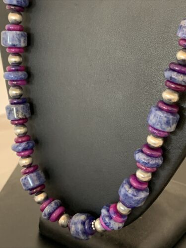 Men's Navajo | Denim Lapis Sugilite Beads Necklace | Sterling Silver | Authentic Native American Handmade | 20" | 10182