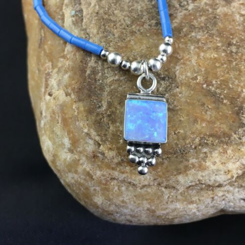 Children's Lapis Beads Sterling Heishi Necklace | Opal Pendant | 15" Chain | 10130