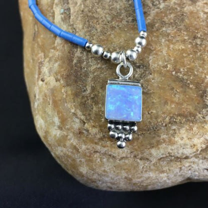Children's Lapis Beads Sterling Heishi Necklace | Opal Pendant | 15" Chain | 10130