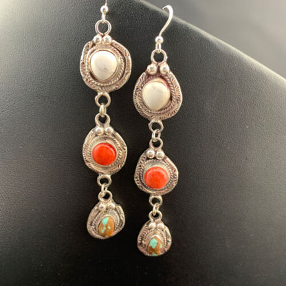 Navajo Spiny, Turquoise & Howlite Dangle Earrings | Sterling Silver | Authentic Native American Handmade | 01620