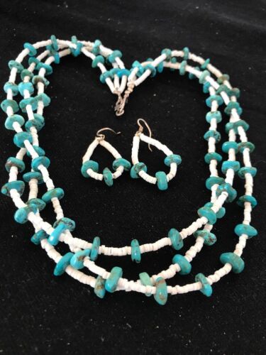Navajo Sterling Silver 3-Strand Turquoise Necklace with Bone Earrings Set | Authentic Native American Handmade