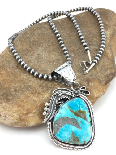 Navajo Pearls Kingman Turquoise Pendant Necklace | Sterling Silver | Native American Handmade | 4819