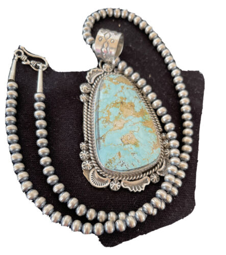 Navajo Royston Turquoise Pendant Necklace | Sterling Silver | Authentic Native American Handmade | 01365