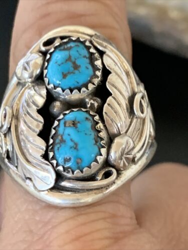 Navajo Blue Kingman Turquoise Feather Ring | Authentic Native American Sterling Silver | Multi-Stone | Sz 11.5 | 12222