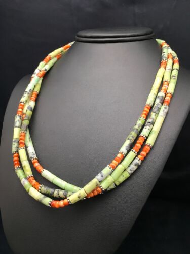 Navajo Green Serpentine & Spiny Oyster Necklace | 3 Strand | Sterling Silver | Authentic Native American Handmade | 4095
