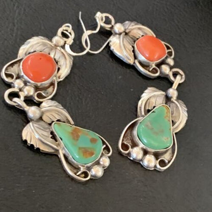 Navajo Green Royston Turquoise & Red Coral Dangle Earrings | Sterling Silver | Native American Handmade | 12553