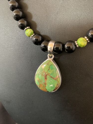 Navajo Pearls Onyx Mojave Turquoise Pendant Necklace | Sterling Silver | Authentic Native American Handmade | 13253