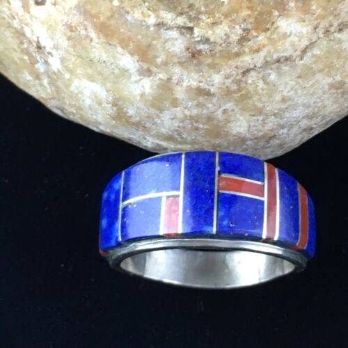 Navajo Multi-Stone Lapis Coral Inlay Ring | Sterling Silver | Sz 9.75 | Authentic Native American Handmade | 10102