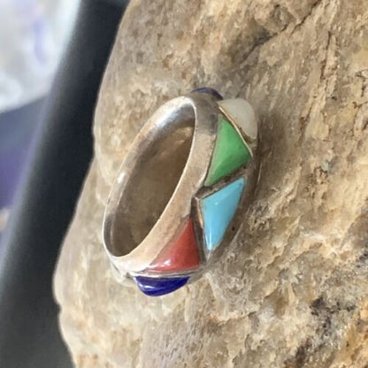 Navajo Multi-Color Turquoise Lapis Coral Mother of Pearl Inlay Ring | Sterling Silver | Sz 5.5 | 12399