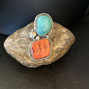 Navajo Turquoise Spiny Oyster Ring | Authentic Native American Sterling Silver | Multi-Stone | Sz 8.5 | 14490