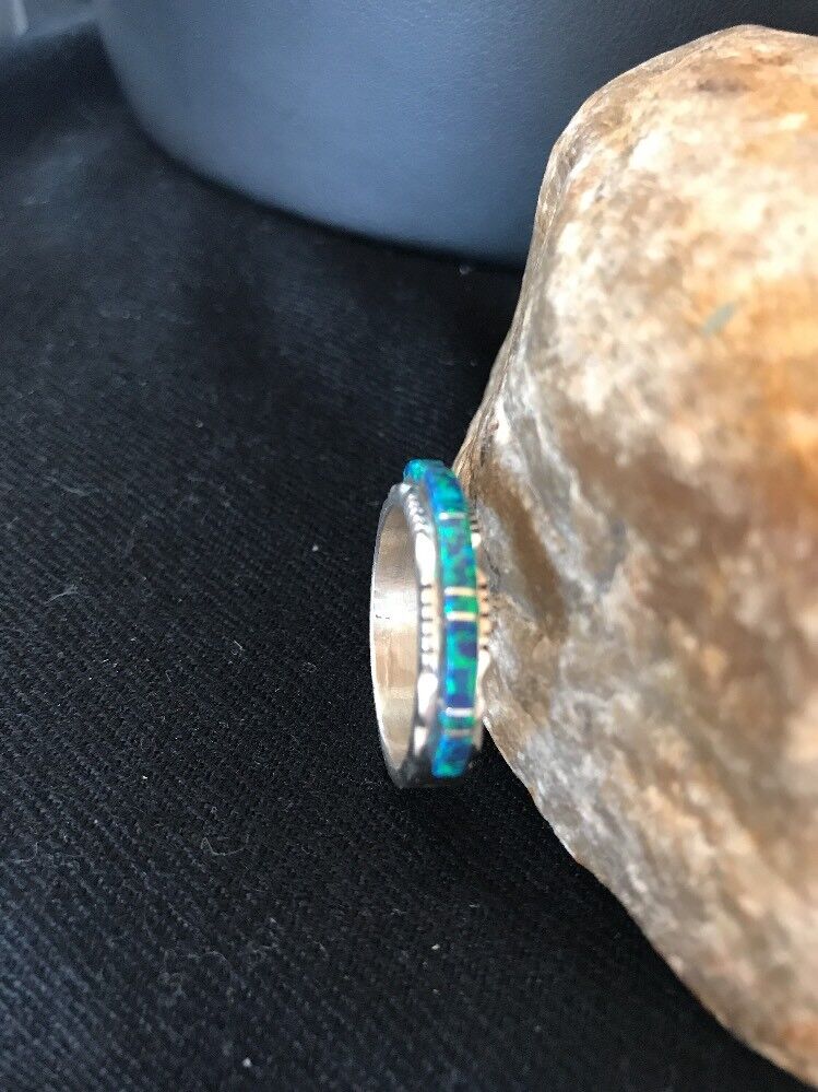 Southwestern Navajo Blue Opal Inlay Ring | Sterling Silver | Sz 9.5 | Authentic Native American Handmade | 10612