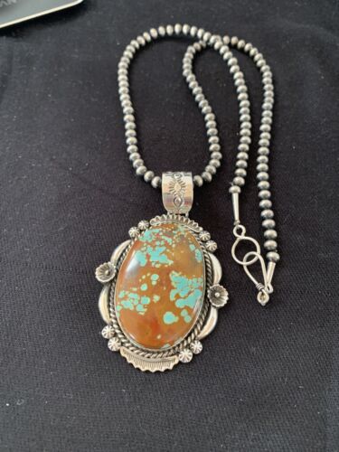 Men's Navajo Pearls Necklace Pendant | Sterling Silver | Blue Turquoise #8 | Authentic Native American Handmade | 00527