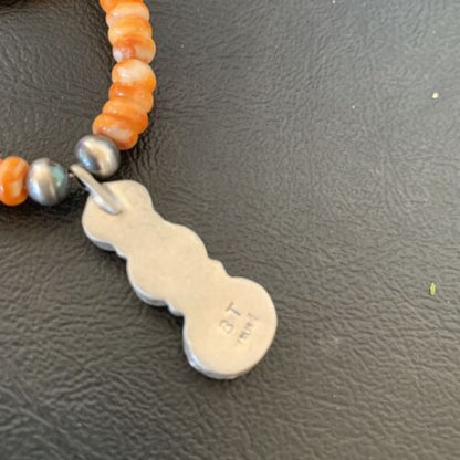 Navajo Pearls Necklace with Orange Spiny Oyster Pendant | Authentic Native American Sterling Silver | Multi-Stone | 12370