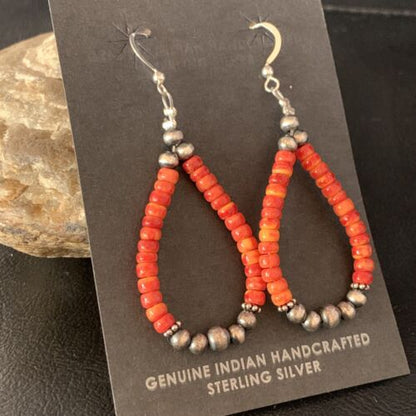 Navajo Red Spiny Oyster Hoop Earrings | Sterling Silver | Authentic Native American Handmade | 13499