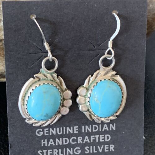 Navajo Blue Turquoise Dangle Drop Earrings | Sterling Silver | 1" | Authentic Native American Handmade | 12746