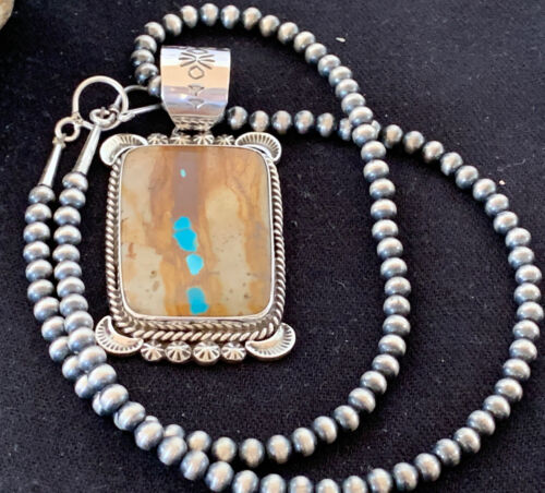 Men's Navajo Pearls Necklace with Boulder Turquoise Pendant | Sterling Silver | Authentic Native American Handmade | 293