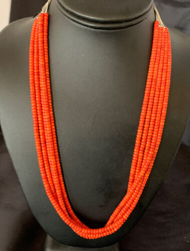 Navajo Red Coral 5-Strand Sterling Silver Turquoise Bead Necklace 22" | Native American Jewelry 12622