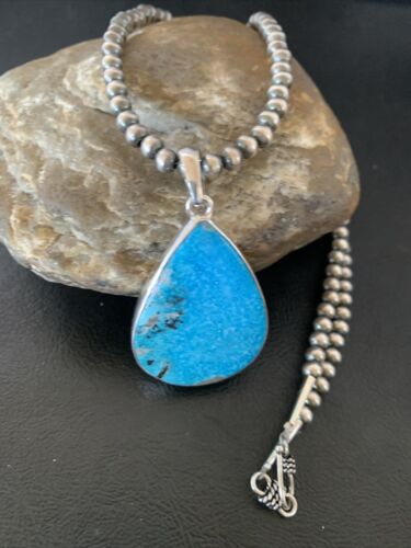 Navajo Pearls Blue Kingman Turquoise Necklace Pendant | Sterling Silver | Authentic Native American Handmade | 11809