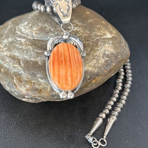 Navajo Pearls Orange Spiny Oyster Necklace Pendant | Sterling Silver | Authentic Native American Handmade | 14717