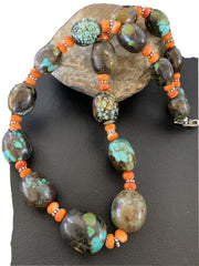 Navajo Green Turquoise & Orange Spiny Oyster Necklace | Sterling Silver | 23" | 1845