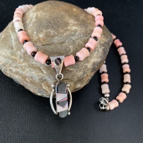 Pink Coral, Onyx & Mother of Pearl Inlay Pendant Necklace | Navajo Sterling Silver Bead | Authentic Native American | 13733