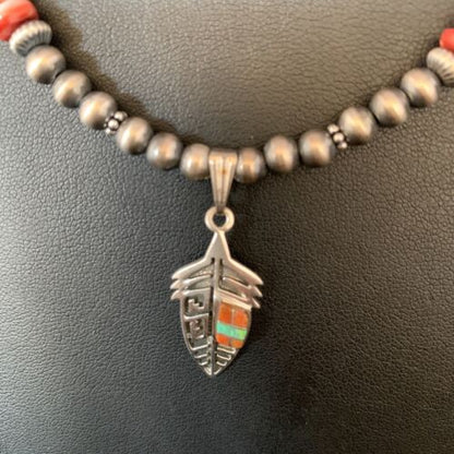 Navajo Red Spiny Oyster & Green Turquoise Pendant Necklace | Sterling Silver | Authentic Native American Handmade | 13619