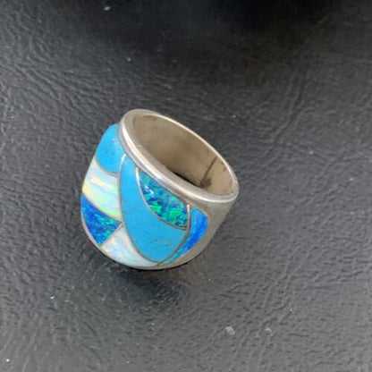 Navajo Blue Turquoise Opal Inlay Band | Sz 5 | Authentic Native American Handmade Men's Pinky Ring | 12858