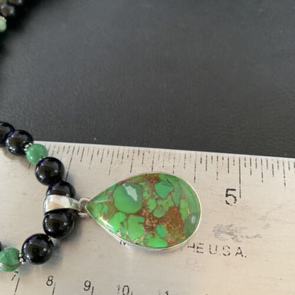 Navajo Pearls Onyx Mojave Turquoise Pendant Necklace | Sterling Silver | Authentic Native American Handmade | 10346
