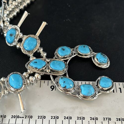 Kingman Turquoise Squash Blossom Necklace | Navajo Sterling Silver Naja | Authentic Native American | 14456