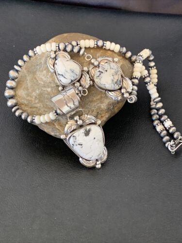 Navajo Pearls White Buffalo Turquoise Necklace Pendant | Sterling Silver | Authentic Native American Handmade | 10868