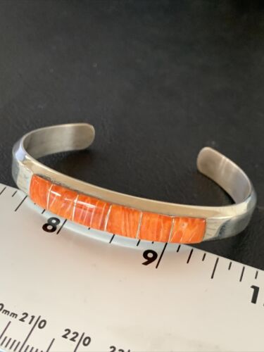 Native American Zuni Orange Spiny Oyster Inlay Cuff Bracelet | Sterling Silver | 12098