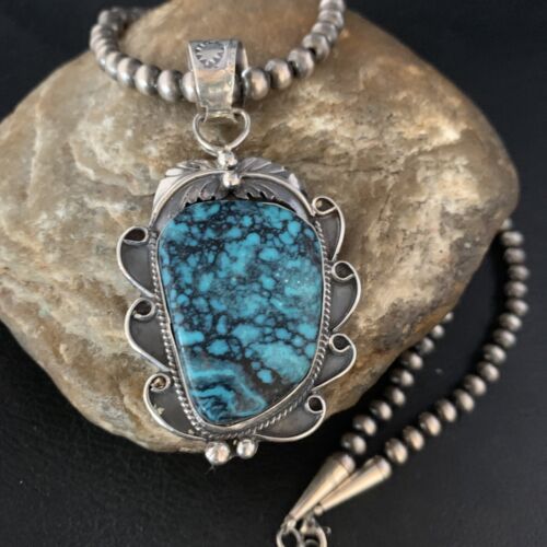 Navajo Spiderweb Turquoise Pendant Necklace | Sterling Silver | 2.25" | Authentic Native American Handmade | 13978