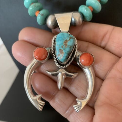 Navajo Pearls Sterling Silver Necklace | Blue Turquoise & Spiny Oyster Naja Pendant | Authentic Native American Handmade | 02059