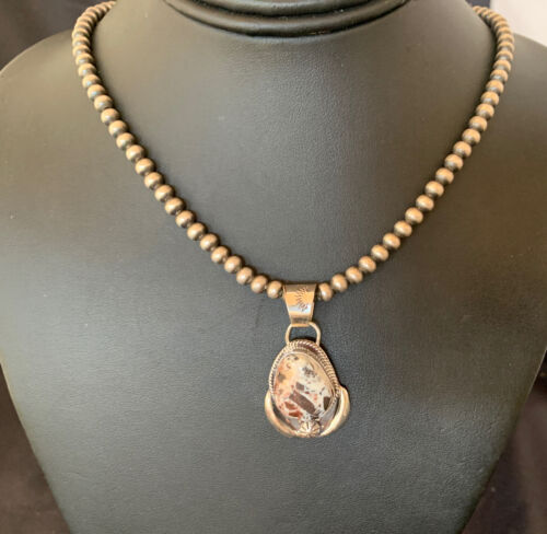 Navajo White Buffalo Turquoise Pendant Necklace | Sterling Silver | Authentic Native American Handmade | 11401