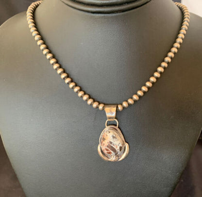 Navajo White Buffalo Turquoise Pendant Necklace | Sterling Silver | Authentic Native American Handmade | 11401