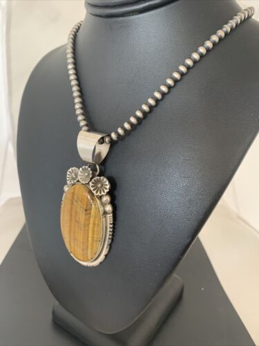 Men's Navajo Pearls Necklace with Sterling Silver Coffee Tigers Eye Pendant | Authentic Native American Handmade | 01771