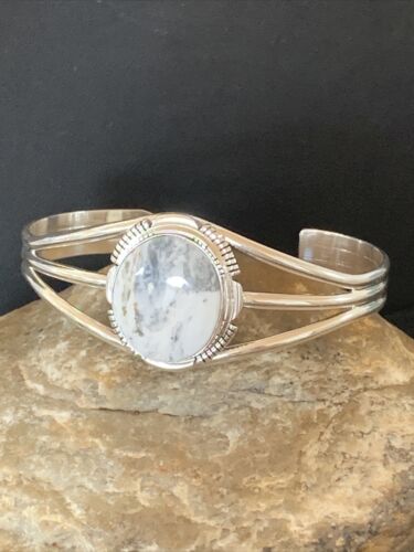 Navajo White Buffalo Turquoise Cuff Bracelet | Sterling Silver | Authentic Native American Handmade | 1390