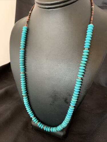 Navajo Pearls Bead Necklace | Blue Turquoise | Sterling Silver | 24" | Authentic Native American Handmade | 12538