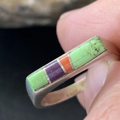 Southwestern Navajo Green Gaspeite Sugilite Red Coral Inlay Ring | Sz 7 | 02252