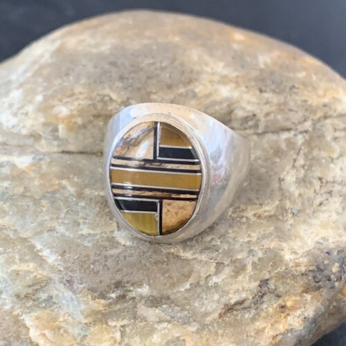 Men's Navajo Black Onyx & Tigers Eye Inlay Sterling Silver Ring | Sz 10 | Handmade Jewelry | 10730