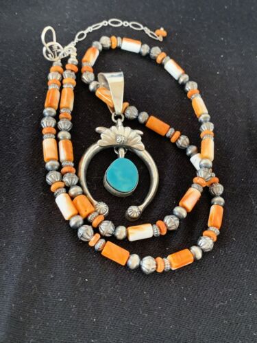 Sterling Blue Turquoise Naja Pendant | Navajo Pearls Spiny Oyster Necklace | Southwestern | 00262